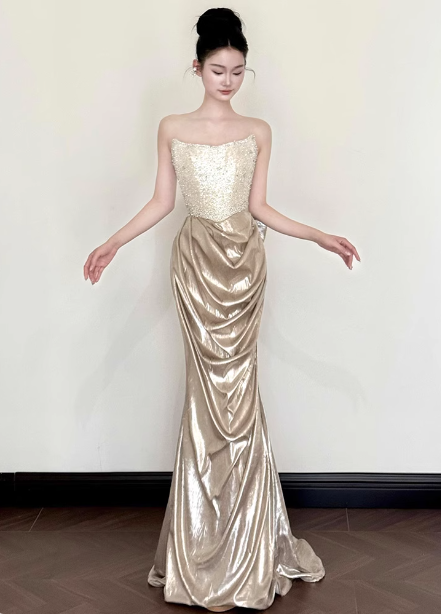 Elegant Champagne Gold Mermaid Strapless Ruffled Satin Train Prom Dress Evening Dress P4444