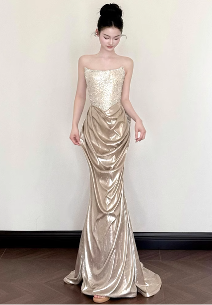 Elegant Champagne Gold Mermaid Strapless Ruffled Satin Train Prom Dress Evening Dress P4444