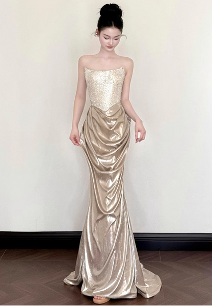 Elegant Champagne Gold Mermaid Strapless Ruffled Satin Train Prom Dress Evening Dress P4444