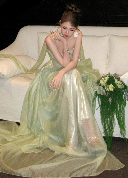 Gentle Light Green A-line Strapless Layered Ruffled Tulle Train Prom Dress Evening Dress P4445