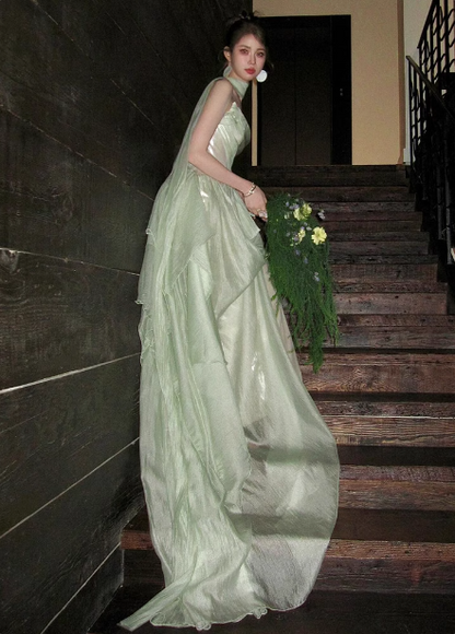 Gentle Light Green A-line Strapless Layered Ruffled Tulle Train Prom Dress Evening Dress P4445