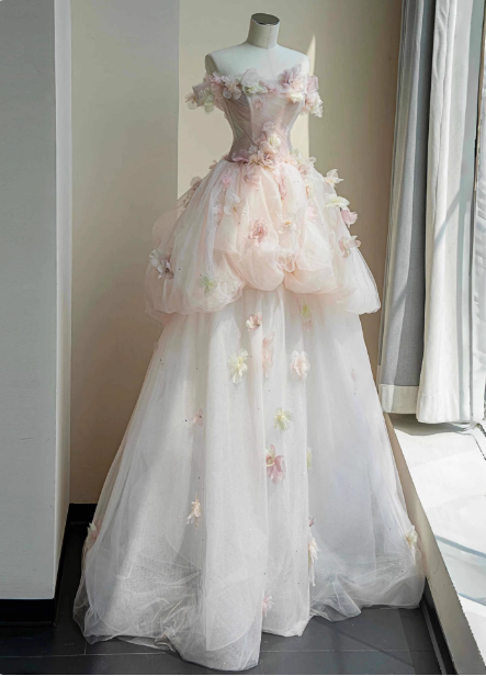 Dreamy Pink-White Off-the-shoulder 3D Floral Tulle Long Ball Gown Evening Dress Sweet 16 Dress P4447