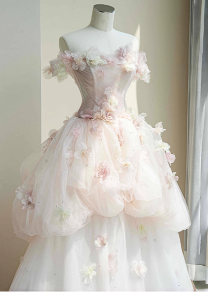 Dreamy Pink-White Off-the-shoulder 3D Floral Tulle Long Ball Gown Evening Dress Sweet 16 Dress P4447