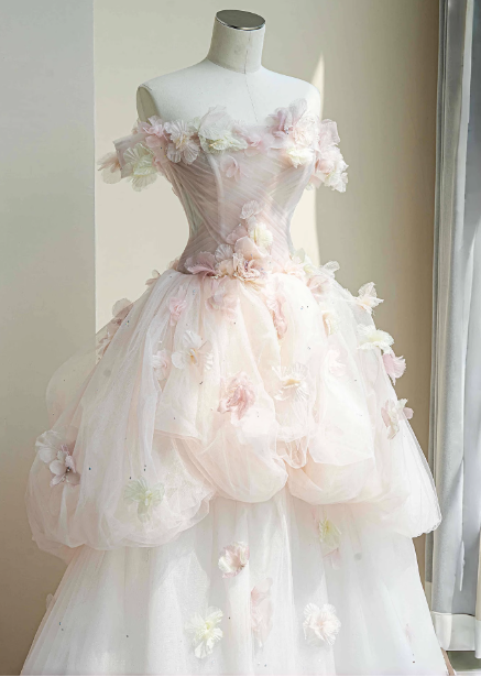 Dreamy Pink-White Off-the-shoulder 3D Floral Tulle Long Ball Gown Evening Dress Sweet 16 Dress P4447