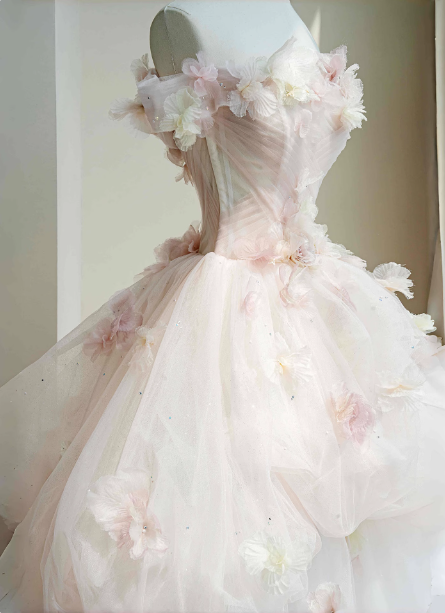 Dreamy Pink-White Off-the-shoulder 3D Floral Tulle Long Ball Gown Evening Dress Sweet 16 Dress P4447