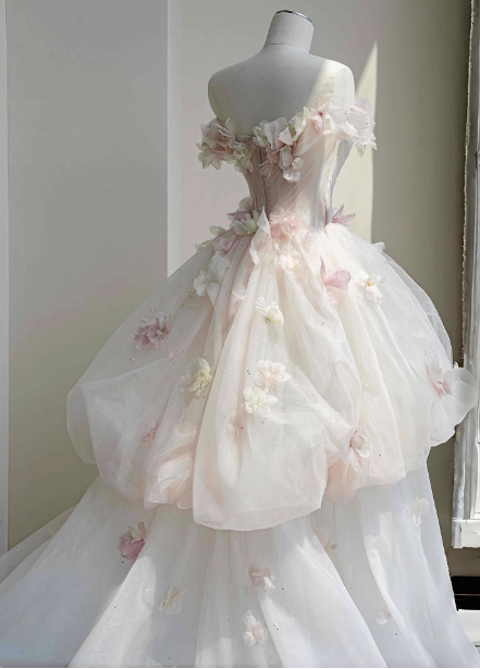 Dreamy Pink-White Off-the-shoulder 3D Floral Tulle Long Ball Gown Evening Dress Sweet 16 Dress P4447
