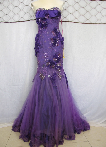 Vintage Deep Purple Mermaid Strapless 3D Floral Beaded Tulle Long Prom Dress Evening Dress P4448