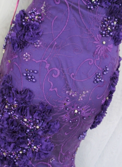 Vintage Deep Purple Mermaid Strapless 3D Floral Beaded Tulle Long Prom Dress Evening Dress P4448