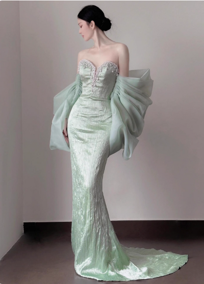Elegant Light Mint Green Mermaid Sweetheart Neck Pearl Backless Shiny Satin Train Prom Dress Evening Dress P4449