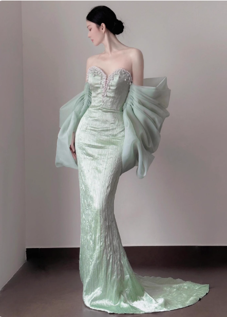 Elegant Light Mint Green Mermaid Sweetheart Neck Pearl Backless Shiny Satin Train Prom Dress Evening Dress P4449