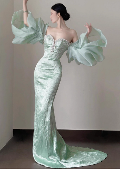 Elegant Light Mint Green Mermaid Sweetheart Neck Pearl Backless Shiny Satin Train Prom Dress Evening Dress P4449