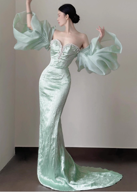Elegant Light Mint Green Mermaid Sweetheart Neck Pearl Backless Shiny Satin Train Prom Dress Evening Dress P4449