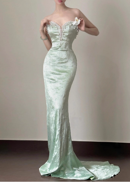 Elegant Light Mint Green Mermaid Sweetheart Neck Pearl Backless Shiny Satin Train Prom Dress Evening Dress P4449
