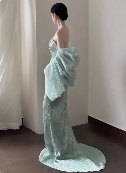 Elegant Light Mint Green Mermaid Sweetheart Neck Pearl Backless Shiny Satin Train Prom Dress Evening Dress P4449