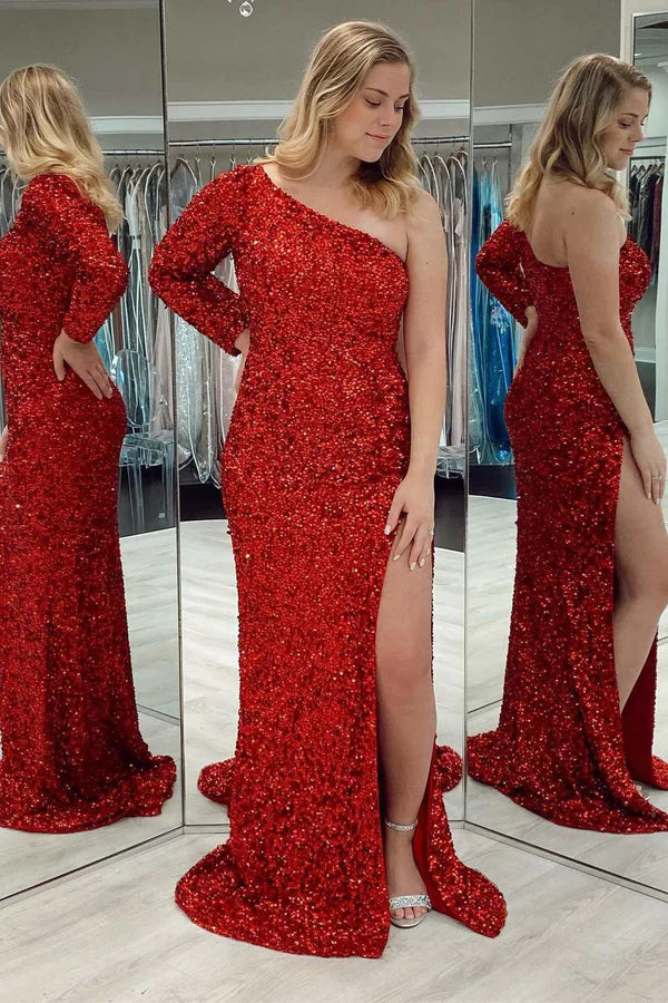 omberprom Elegant One-shoulder Long Sleeve Evening Dress Tiffany Blue Sequins Long Formal Dress
