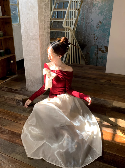 Fairy temperament high-end suit one-shoulder bow sweater with skirt two-piece suit R1725