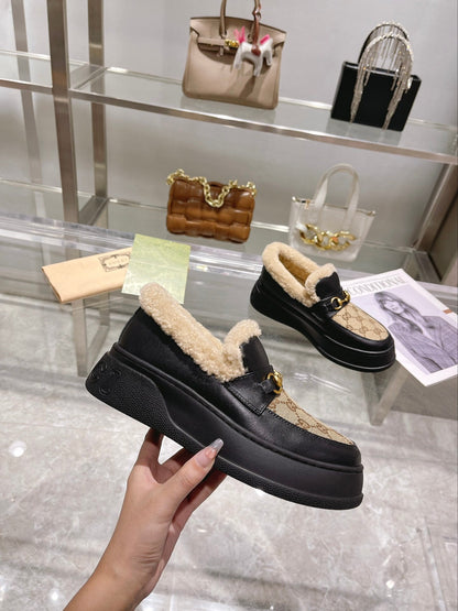 GG Snow Boots Black Beige Calfskin Denim Wool 576250