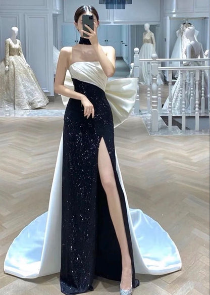 PM444,Glitter Navy Blue Sheath Long Prom Evening Dresses With Bowknot