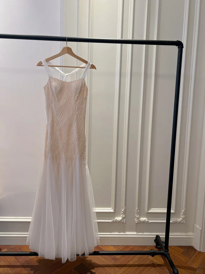 Elegant A-line Strap Pearl Tulle Long Prom Dress Evening Dress P4045