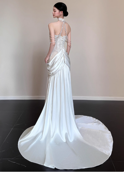 Elegant White Mermaid Halter Neck Lace Satin Train Wedding Dress P4450