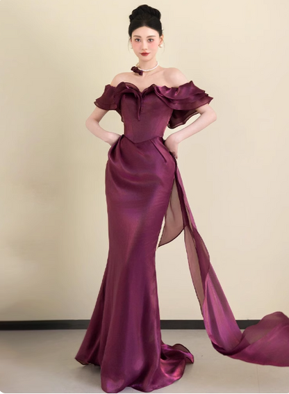Elegant Deep Fuchsia Mermaid Off-the-shoulder Ruffled Satin Long Prom Dress Evening Dress P4451