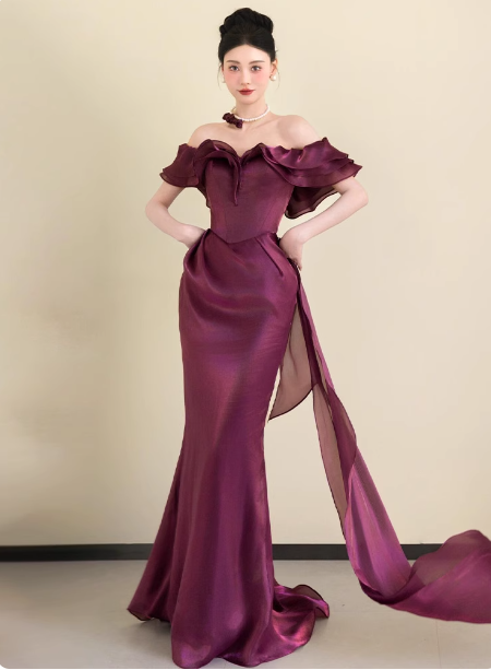 Elegant Deep Fuchsia Mermaid Off-the-shoulder Ruffled Satin Long Prom Dress Evening Dress P4451