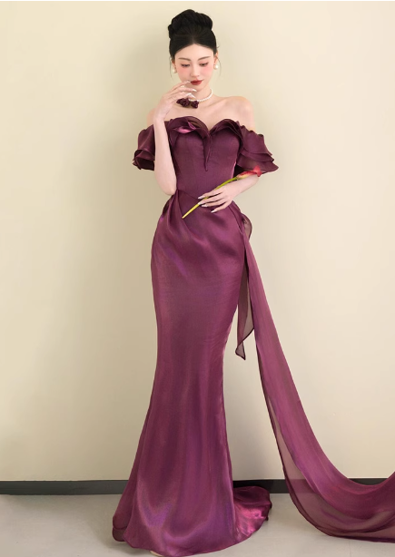 Elegant Deep Fuchsia Mermaid Off-the-shoulder Ruffled Satin Long Prom Dress Evening Dress P4451