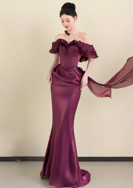 Elegant Deep Fuchsia Mermaid Off-the-shoulder Ruffled Satin Long Prom Dress Evening Dress P4451