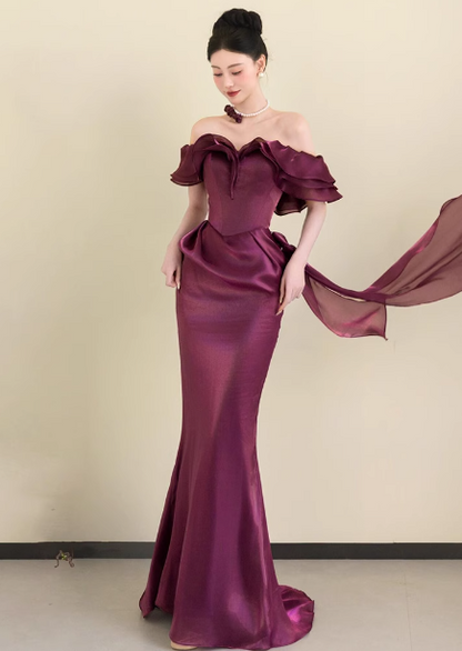 Elegant Deep Fuchsia Mermaid Off-the-shoulder Ruffled Satin Long Prom Dress Evening Dress P4451