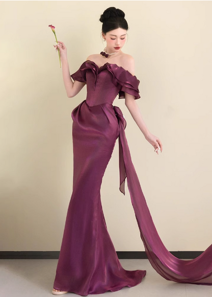 Elegant Deep Fuchsia Mermaid Off-the-shoulder Ruffled Satin Long Prom Dress Evening Dress P4451