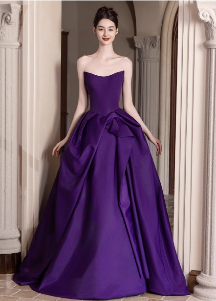 Elegant Deep Purple A-line Strapless Satin Long Prom Dress Evening Dress P4452