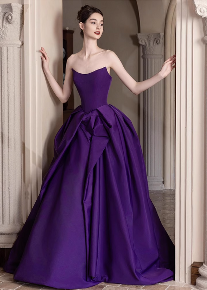 Elegant Deep Purple A-line Strapless Satin Long Prom Dress Evening Dress P4452