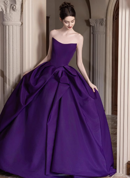 Elegant Deep Purple A-line Strapless Satin Long Prom Dress Evening Dress P4452