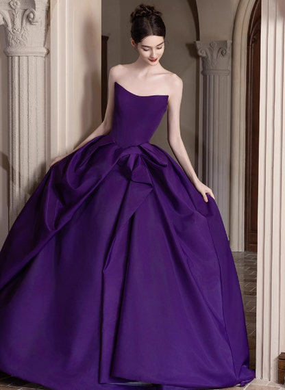 Elegant Deep Purple A-line Strapless Satin Long Prom Dress Evening Dress P4452