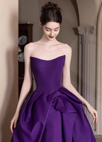 Elegant Deep Purple A-line Strapless Satin Long Prom Dress Evening Dress P4452