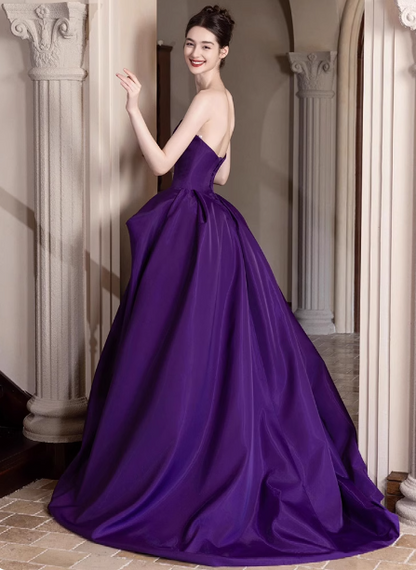 Elegant Deep Purple A-line Strapless Satin Long Prom Dress Evening Dress P4452