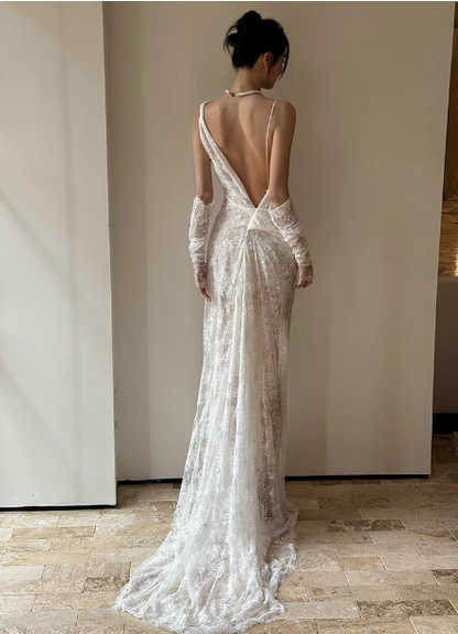 Elegant White Strappy Backless Lace Train Wedding Dress P4453
