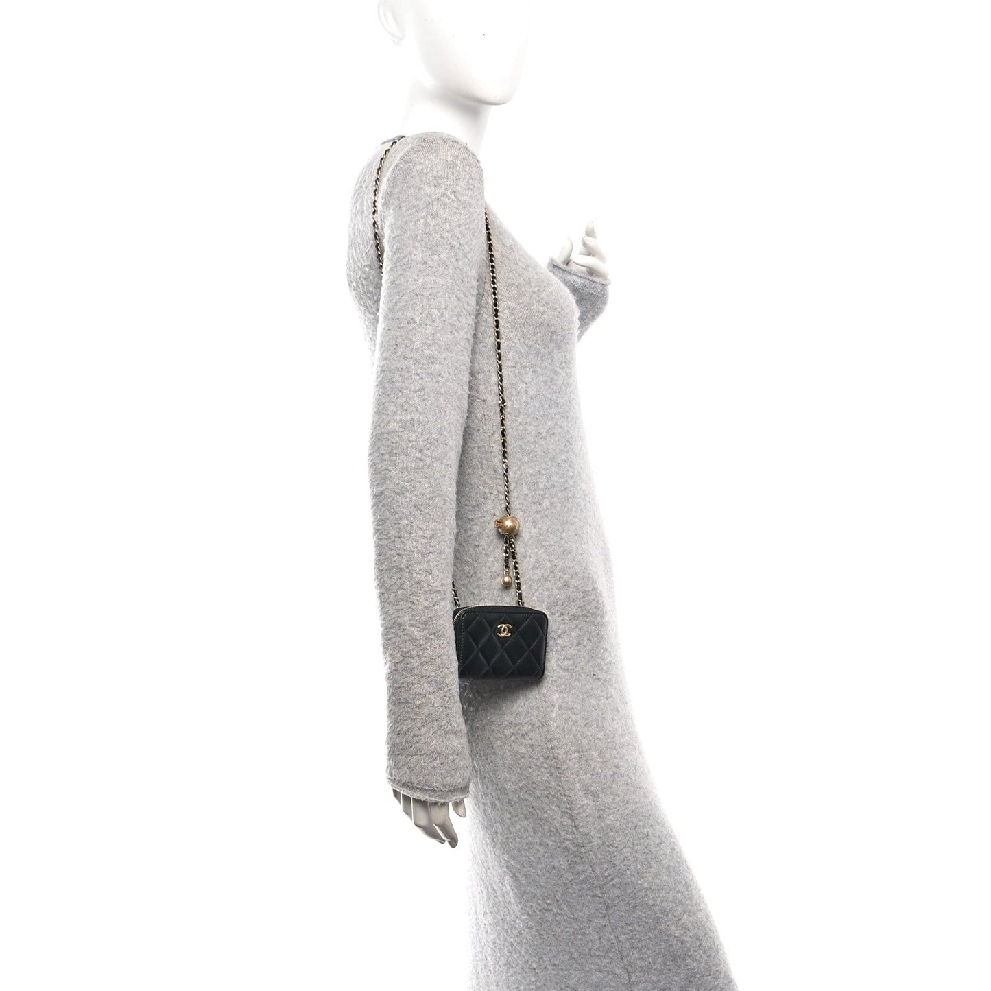 Lambskin Quilted CC Pearl Crush Zip Card Holder On Chain Black