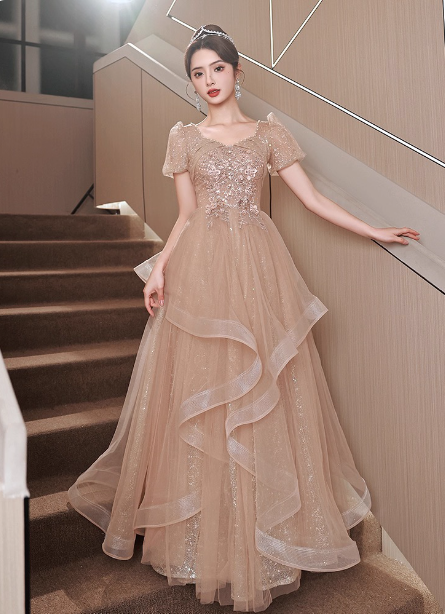 Princess Sweet Champagne Nude A-line Puff Short Sleeve Layered Tulle Long Prom Dress Evening Dress P4454