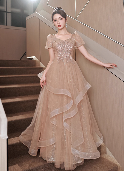 Princess Sweet Champagne Nude A-line Puff Short Sleeve Layered Tulle Long Prom Dress Evening Dress P4454