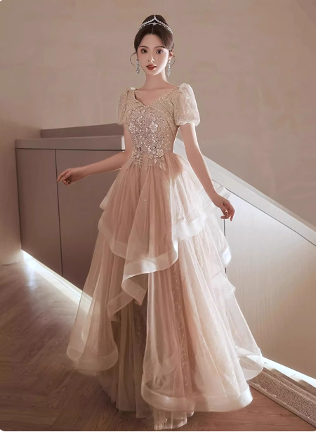 Princess Sweet Champagne Nude A-line Puff Short Sleeve Layered Tulle Long Prom Dress Evening Dress P4454