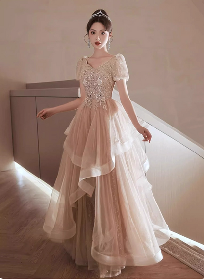 Princess Sweet Champagne Nude A-line Puff Short Sleeve Layered Tulle Long Prom Dress Evening Dress P4454