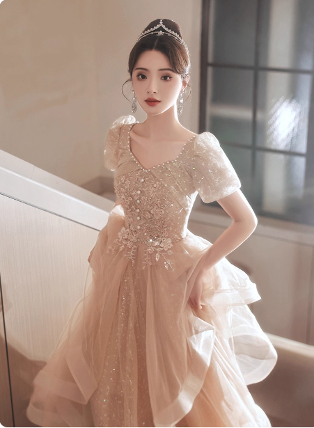 Princess Sweet Champagne Nude A-line Puff Short Sleeve Layered Tulle Long Prom Dress Evening Dress P4454