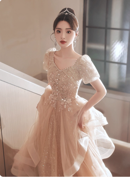 Princess Sweet Champagne Nude A-line Puff Short Sleeve Layered Tulle Long Prom Dress Evening Dress P4454