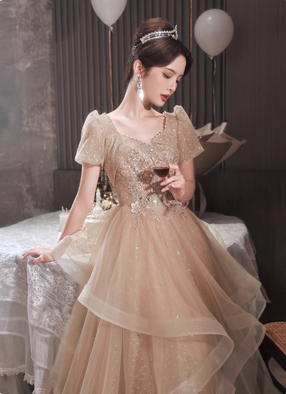 Princess Sweet Champagne Nude A-line Puff Short Sleeve Layered Tulle Long Prom Dress Evening Dress P4454