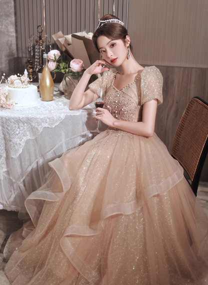 Princess Sweet Champagne Nude A-line Puff Short Sleeve Layered Tulle Long Prom Dress Evening Dress P4454