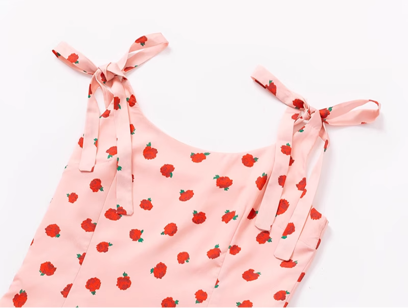 2025 Summer New Pink Floral Rose French Fishtail Long Suspender Dress R0956