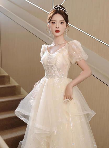 Sweet Milk Apricot A-line Puff Short Sleeve Tulle Long Prom Dress Evening Dress P4455