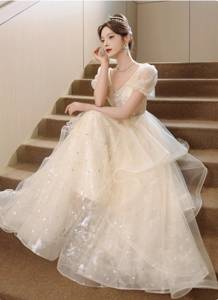 Sweet Milk Apricot A-line Puff Short Sleeve Tulle Long Prom Dress Evening Dress P4455