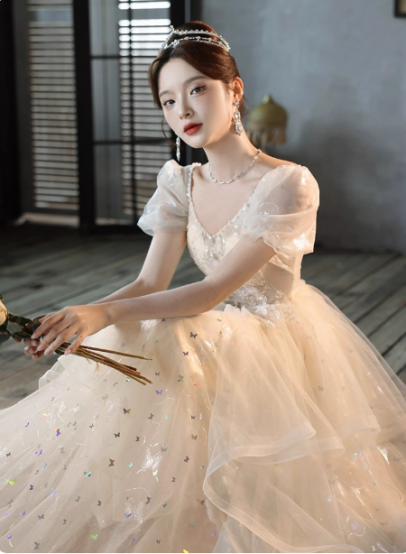 Sweet Milk Apricot A-line Puff Short Sleeve Tulle Long Prom Dress Evening Dress P4455
